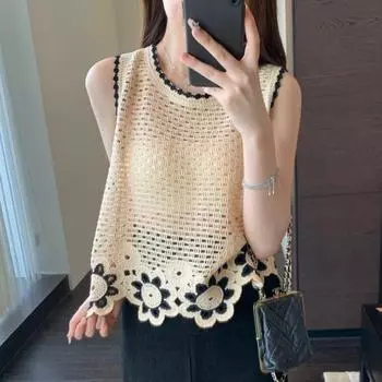 DIMANAF 2024 Новый кружевной жилет, летняя женская футболка с круглым вырезом без рукавов, базовые модные топы, футболки, повседневные свободные белые футболки