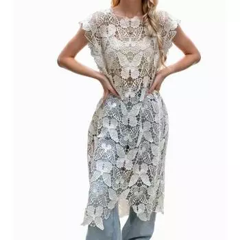 DIMANAF 2024 Новая летняя женская длинная майка без рукавов, базовые модные топы, кружевные футболки, повседневные свободные белые футболки One Size белый