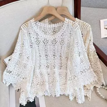 DIMANAF 2024 Новый летний женский кружевной жилет футболка без рукавов базовые топы кружевные футболки повседневные свободные футболки белые One Size белый