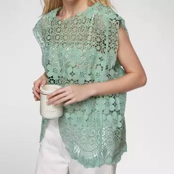 DIMANAF 2024 новый летний женский жилет футболка без рукавов базовые модные топы кружевные футболки повседневные свободные зеленые футболки One Size чёрный