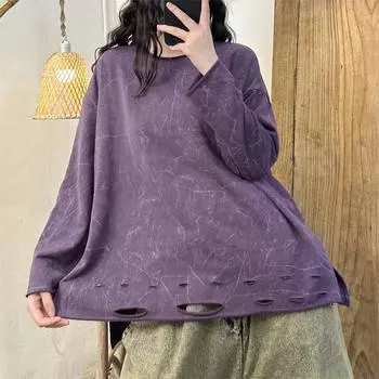 DIMANAF 2024 Новый плюс размер летние женские с длинным рукавом летучая мышь свободные однотонные базовые топы с круглым вырезом футболка фиолетовая новинка 04