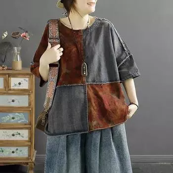 DiManaf 2024 Новый плюс размером Summer Women Women Printing Printing Ope Oneck Denim Basic Tops футболка новая 8922 One Size