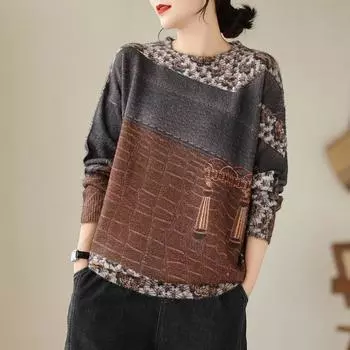 DIMANAF 2024 Новый пуловер Весенние свитера Женские цветочные узоры О-образный вырез Принт свитера Вязание свободный свитер One Size красный