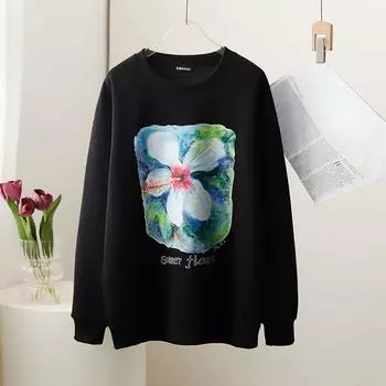DIMANAF 2024 Новый весенний цветок больших размеров женский узор с принтом длинный рукав свободные повседневные базовые топы с круглым вырезом футболка новый пуловер