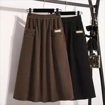 DIMANAF 2024 Осень Большие размеры Длинные женские юбки с эластичной талией Оверсайз Элегантные женские юбки с высокой талией А-силуэта XL чёрный