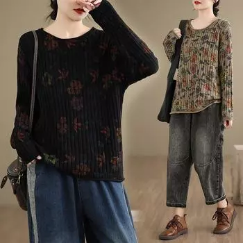 DIMANAF 2024 Осень Большие Размеры Женские Топы Винтажные Свитера O-образный Вырез Вязание Мода Повседневный Стиль Свободный Свитер One Size чёрный