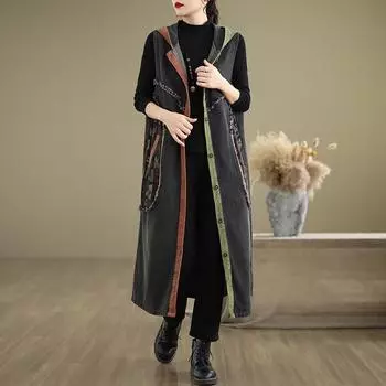 Dimanaf 2024 Осень Джинсовые Куртки Больших Размеров Повседневный Жилет Женщин Свободные Длинные Пальто Без Рукавов Винтажные Женские Топы Базовые M чёрный