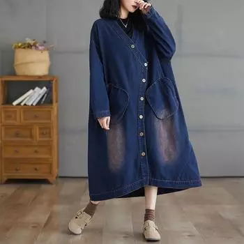 DIMANAF 2024 Осень Джинсовые Куртки Длинное Пальто Повседневная Рубашка С Длинным Рукавом Женщин Свободные Синие Винтажные Женские Винтажные Топы Плюс Размер L синий