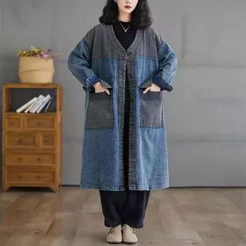 Dimanaf 2024 Осень Джинсовые Куртки Длинное Пальто Повседневная Рубашка С Длинным Рукавом Женские Свободные Синие Винтажные Женские Топы Плюс Размер L синий