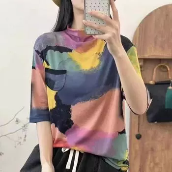 DIMANAF 2024 Осень Эластичная Тонкая Футболка Женская Карманы Камуфляж Высокий Воротник Короткий Рукав Свободные Топы Футболки