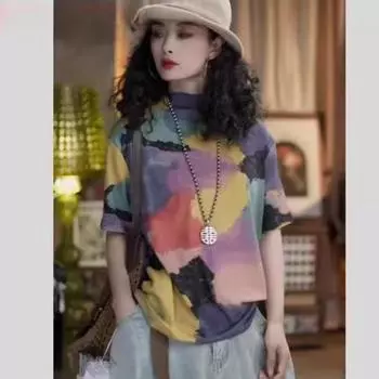 DIMANAF 2024 Осень Эластичная Тонкая Футболка Женская Камуфляжная Высокая Горловина Короткий Рукав Свободные Топы Футболки