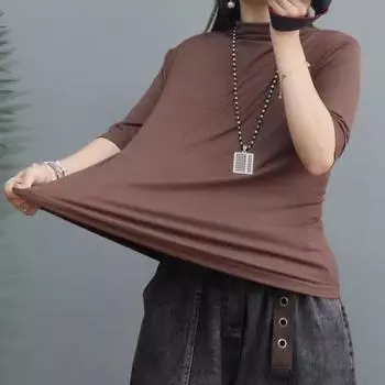 DIMANAF 2024 Осень Эластичная Тонкая Однотонная Футболка Женская С Высоким Воротником Короткие Рукава Свободные Топы Футболки