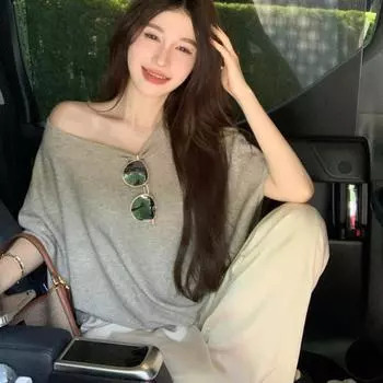 Dimanaf 2024 Осень Летучая мышь Вязаные женские свитера Зимние пуловеры Топы Женская одежда O-образный вырез Базовые однотонные футболки Рубашка