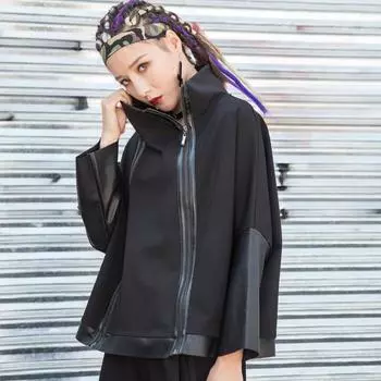 DIMANAF 2024 Осень Новые Большие Размеры Женские Свободные Повседневные Оверсайз Базовые Топы На Молнии Футболки Однотонные Пуловеры Модная Рубашка One Size чёрный