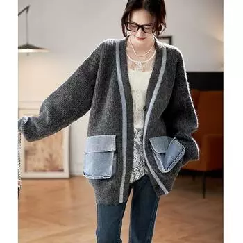 DIMANAF 2024 Осень Новые женские свитера Пальто Лоскутное ватное пальто Кардиган Вязаная куртка Карманы Поддельный двухсекционный свитер One Size серый