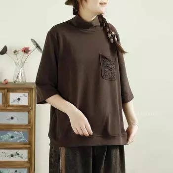 DIMANAF 2024 Осень Однотонная эластичная футболка с кружевом для женщин с высоким воротом и коротким рукавом Свободные топы Футболки