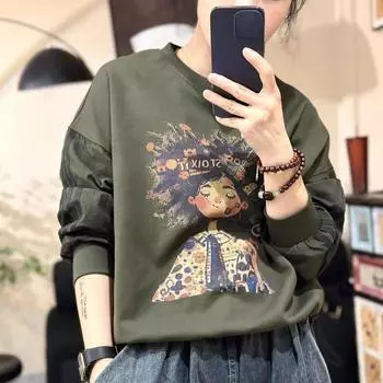 DIMANAF 2024 Осень Однотонная эластичная футболка Женская Печать Длинный рукав Свободные топы Футболки One Size красный