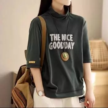 DIMANAF 2024 Осень Однотонная эластичная футболка Женская с высоким воротом и принтом букв Короткие рукава Свободные топы Футболки