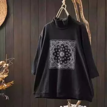 DIMANAF 2024 Осень Однотонная эластичная футболка Женская с высоким воротом и принтом Однотонные свободные топы с коротким рукавом Футболки