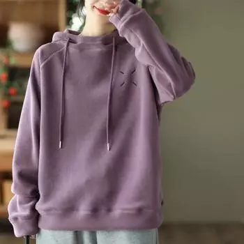 DIMANAF 2024 Осень Однотонная футболка Женская толстовка с капюшоном Эластичные однотонные длинные рукава Свободные топы Футболки One Size фиолетовый
