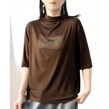 DIMANAF 2024 Осень Однотонная Эластичная Тонкая Футболка Женская С Высоким Воротником Короткие Рукава Свободные Топы Футболки