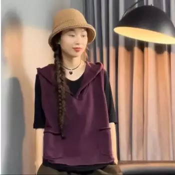 DIMANAF 2024 Осень Однотонная толстовка с капюшоном, шапка, футболка, женская безрукавка, однотонные свободные топы, футболки One Size фиолетовый