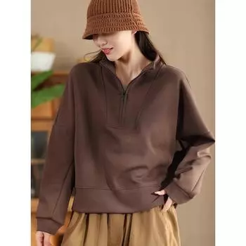 DIMANAF 2024 Осень Однотонные Молнии Пуловеры Футболки Женские Длинные Рукава Свободные Топы Футболки One Size коричневый
