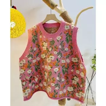 DIMANAF 2024 Осень Плюс Размер Женщин Без Рукавов Жилет Свитера Вязание Мода Повседневный Стиль Свободный Зеленый Свитер One Size розовый