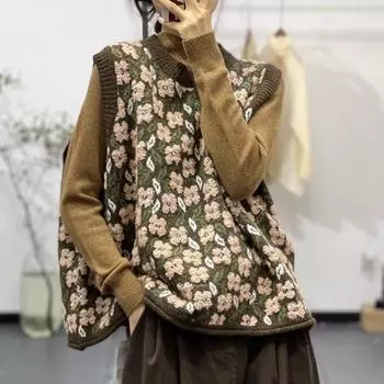 DIMANAF 2024 Осень Плюс Размер Женщин Без Рукавов Жилет Свитера Вязание Мода Повседневный Стиль Свободный Свитер One Size коричневый