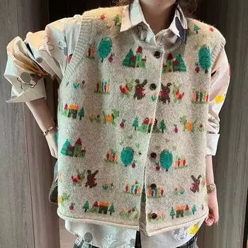 DIMANAF 2024 Осень Плюс Размер Жилет Большой Размер Осень Женщины Узор Свитера Вязание Мода Красный Фиолетовый Базовый Повседневный Стиль Свободный Свитер One Size бежевый