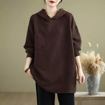 Dimanaf 2024 Осень Винтаж Пуловеры Топы Женская Клетчатая Одежда Толстовки Свитшоты Оверсайз Свободные Повседневные One Size чёрный