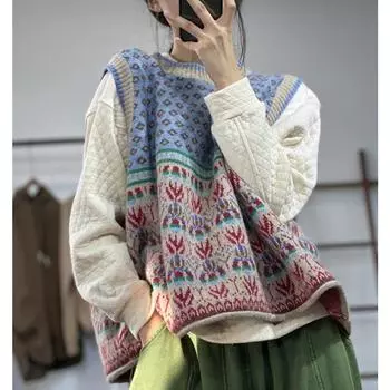 DIMANAF 2024 Осень Вязание Женщин Без Рукавов Жилет Свитеры Синий Повседневный Стиль Свободный Свитер One size разноцветный