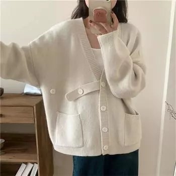 DIMANAF 2024 Осень Женщины Твердые Пуговицы Свитера Куртка Вязание Мода Повседневный Стиль Свободный Кардиган Свитер One Size чёрный