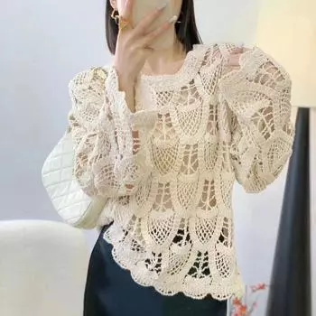 DIMANAF 2024 Осень Женская кружевная базовая футболка с пуговицами, топы с длинным рукавом, кружевные цветочные повседневные свободные белые футболки