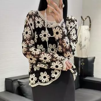 DIMANAF 2024 Осень Женская кружевная базовая футболка с пуговицами, топы с длинным рукавом, кружевные цветочные повседневные свободные белые футболки