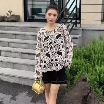 DIMANAF 2024 Осень Женская кружевная футболка с длинным рукавом, повседневные свободные белые футболки с кружевным цветком