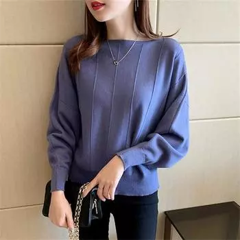 DIMANAF 2024 Осень Женские Базовые Свитера Летучая Мышь Пуловеры Топы Женский Полосатый O-образный Вырез Вязаный Однотонный Свитер