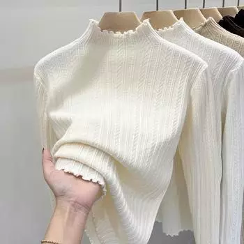 DIMANAF 2024 Осень Женские Базовые Свитера Пуловеры Топы Трикотажные Однотонные Белые Футболки Рубашки Женские One Size бежевый