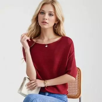 DIMANAF 2024 Осень Женские Базовые Свитера С Коротким Рукавом Летучая Мышь Пуловеры Топы Женский O-образный Вырез Трикотажный Однотонный Свитер