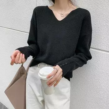 Dimanaf 2024 Осень Женские Базовые Свитера Зимние Пуговицы Пуловеры Топы Женская Одежда V-образный Вырез Трикотажные Однотонные Белые Футболки Рубашки