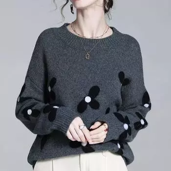 DIMANAF 2024 Осень Женские Цветочные Свитера Пуловеры Топы Женские Трикотажные Полосатые Базовые Футболки Зеленый Свитер One Size серый