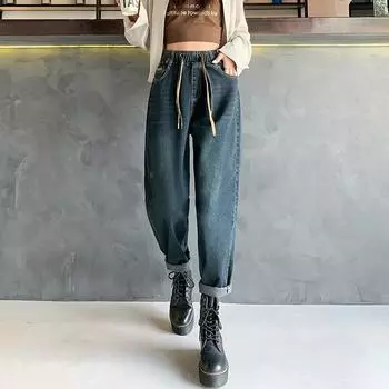 DIMANAF 2024 Осень Женские Джинсы Брюки Пояс Высокая Талия Эластичные Пуговицы Базовые Брюки Длинные Брюки XS синий