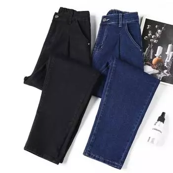 DIMANAF 2024 Осень Женские Джинсы Брюки Высокая Талия Эластичные Пуговицы Базовые Брюки Синие Длинные Брюки S синий