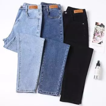 DIMANAF 2024 Осень Женские Джинсы Брюки Женские Теплые Эластичные Базовые Брюки С Высокой Талией Черные Длинные Брюки S синий