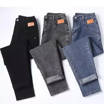 DIMANAF 2024 Осень Женские Джинсы Брюки Женские Теплые Эластичные Базовые Брюки С Высокой Талией Черные Длинные Брюки 886 S синий