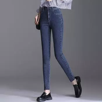 DIMANAF 2024 Осень Женские Джинсы Узкие Брюки Женские Эластичные Базовые Брюки С Высокой Талией Модные Новые Девятые Брюки 26 синий