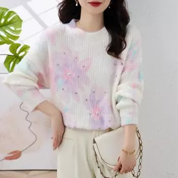 DIMANAF 2024 Осень Женские Красочные Свитера Вязание Базовая Мода О-Образный Вырез Стиль Свободный Пуловер Свитер One Size