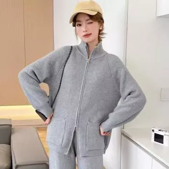 DIMANAF 2024 Осень Женские однотонные свитера на молнии с карманами и вязанием Повседневный стиль Водолазка Свободный пуловер Свитер One Size красный