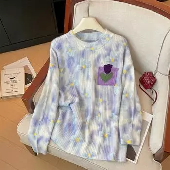 DIMANAF 2024 Осень Женские однотонные свитера Вязание Базовая мода О-образный вырез Стиль Свободный пуловер Свитер One Size розовый