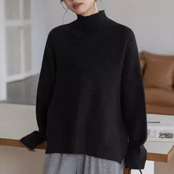 DIMANAF 2024 Осень Женские Полосатые Свитера Вязание Базовая Мода О-Образный Вырез Стиль Свободный Пуловер Свитер One Size чёрный